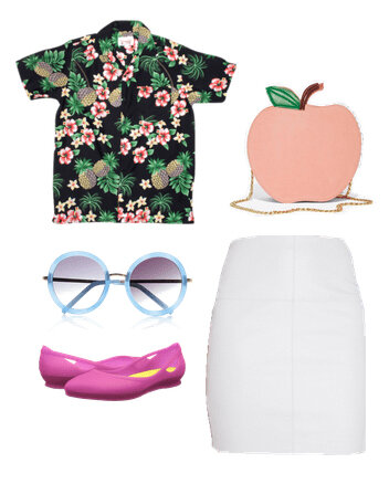 white-mini-skirt-pink-shoe-flats-sun-peach-bag-black-hawaiian-shirt-floral-print-spring-summer-lunch.jpg