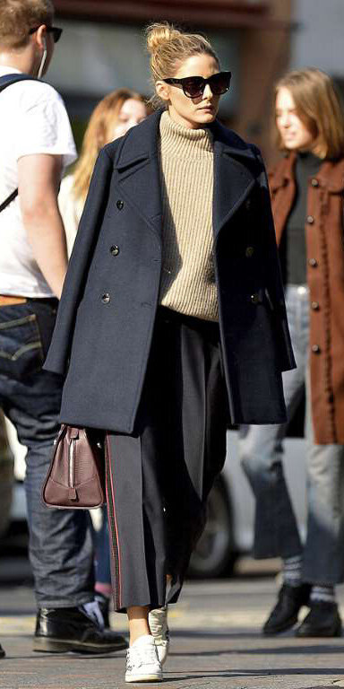 black-culottes-pants-tan-sweater-blonde-bun-sun-oliviapalermo-white-shoe-sneakers-black-jacket-coat-peacoat-fall-winter-weekend.jpg