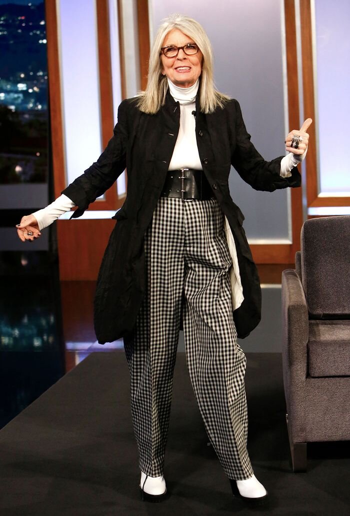 dianekeaton-fall-winter-grayhair-plaid-print-wide-leg-white-tee-turtleneck-black-jacket-coat-lunch.jpg