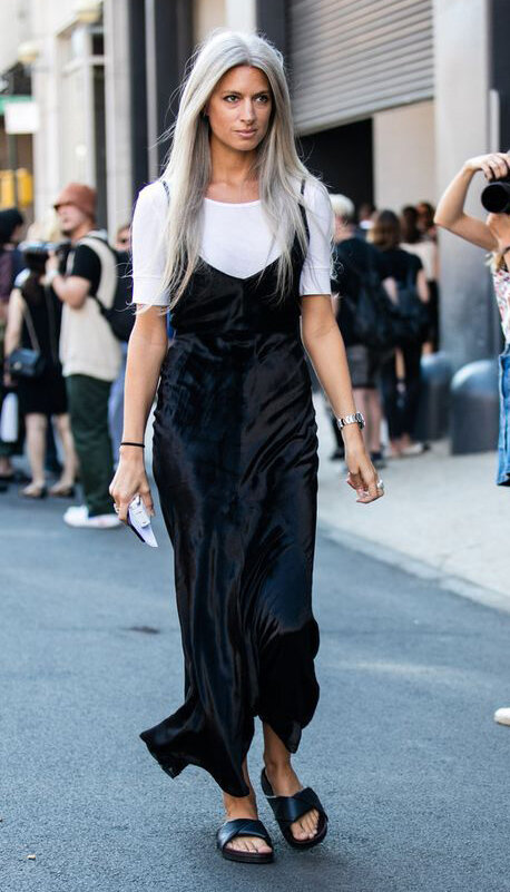 fall-winter-grayhair-sarahharris-black-dress-midi-slip-white-tee-layer-black-shoe-sandals-slides-lunch.jpg