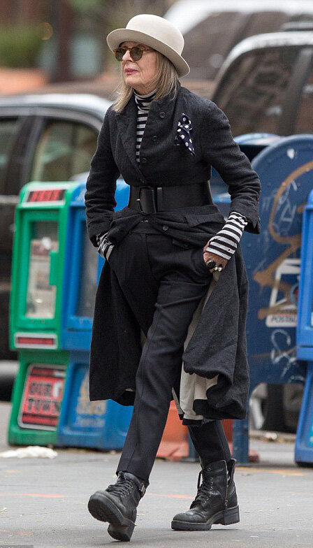 dianekeaton-fall-winter-grayhair-black-jacket-coat-wide-belt-hat-black-shoe-booties-white-tee-stripe-weekend.jpg