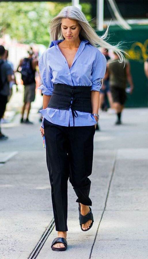 fall-winter-grayhair-sarahharris-black-joggers-pants-black-shoe-sandals-slides-corset-layer-blue-med-collared-shirt-work.jpg