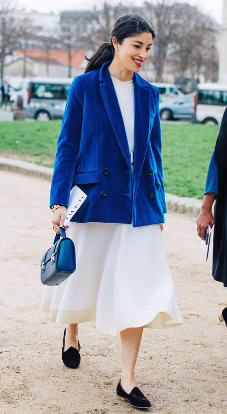 white-midi-skirt-blue-navy-jacket-blazer-cobalt-velvet-brun-pony-blue-bag-black-shoe-flats-fall-winter-work.jpg