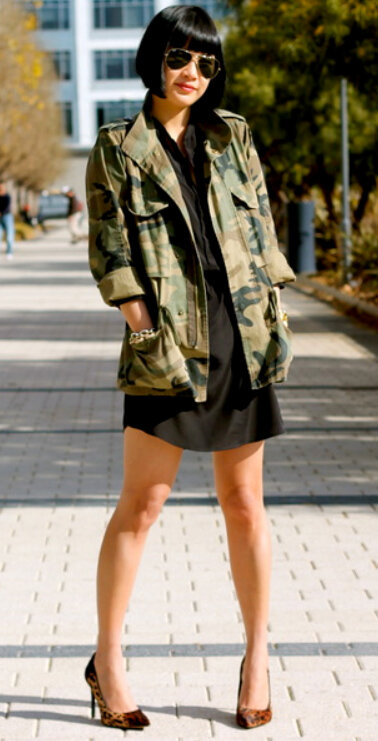 black-dress-shirt-green-olive-jacket-utility-camo-print-brun-bob-sun-cognac-shoe-pumps-fall-winter-lunch.jpg