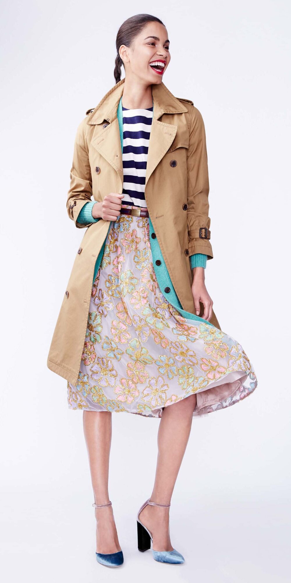 pink-light-aline-skirt-stripe-blue-navy-tee-brun-pony-blue-shoe-pumps-tan-jacket-coat-trench-fall-winter-lunch.jpg