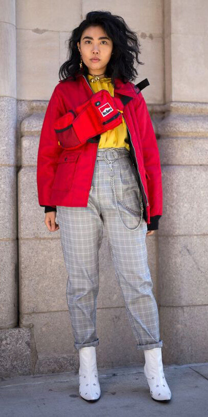grayl-joggers-pants-plaid-white-shoe-booties-yellow-top-blouse-red-bag-belt-fannypack-red-jacket-bomber-brun-fall-winter-lunch.jpg