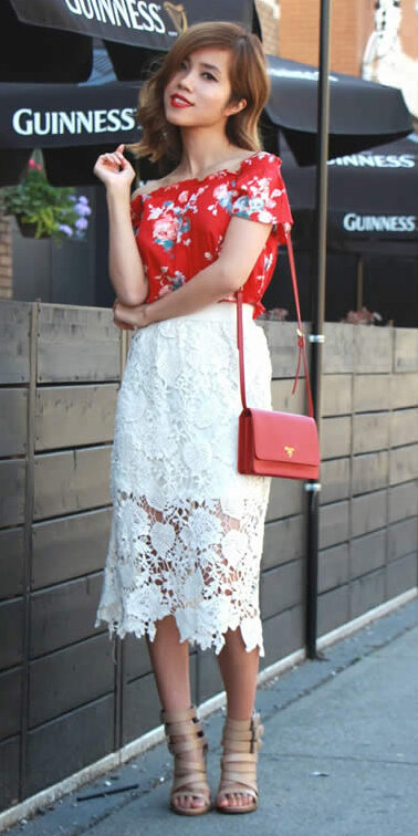 white-midi-skirt-lace-tan-shoe-sandalh-floral-print-red-bag-red-top-offshoulder-spring-summer-hairr-dinner.jpg