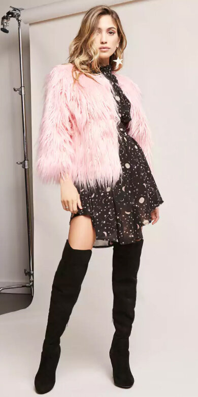 black-dress-mini-print-earrings-black-shoe-boots-otk-pink-light-jacket-coat-fur-fuzz-fall-winter-hairr-dinner.jpg