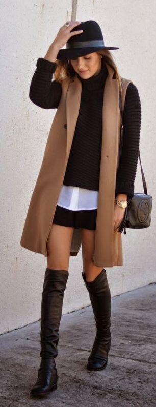 black-mini-skirt-white-collared-shirt-layer-black-sweater-hat-hairr-camel-vest-tailor-black-bag-black-shoe-boots-fall-winter-lunch.jpg