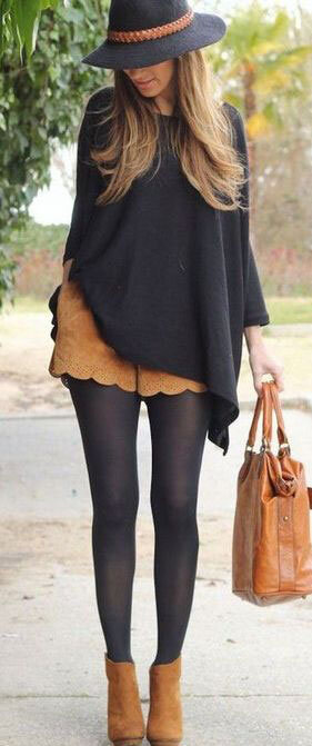 camel-shorts-black-tights-black-sweater-poncho-hat-hairr-cognac-bag-cognac-shoe-booties-fall-winter-lunch.jpg