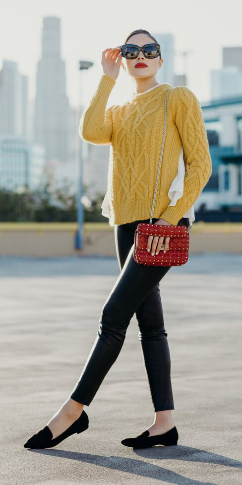 black-skinny-jeans-yellow-sweater-red-bag-sun-bun-black-shoe-loafers-oliviaculpo-fall-winter-hairr-lunch.jpg