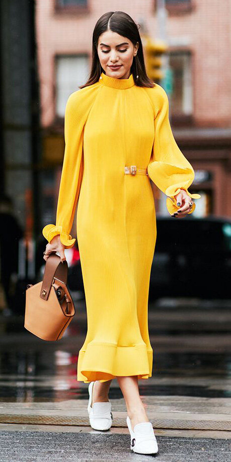 yellow-dress-midi-tan-bag-white-shoe-pumps-loafers-hairr-fall-winter-lunch.jpg