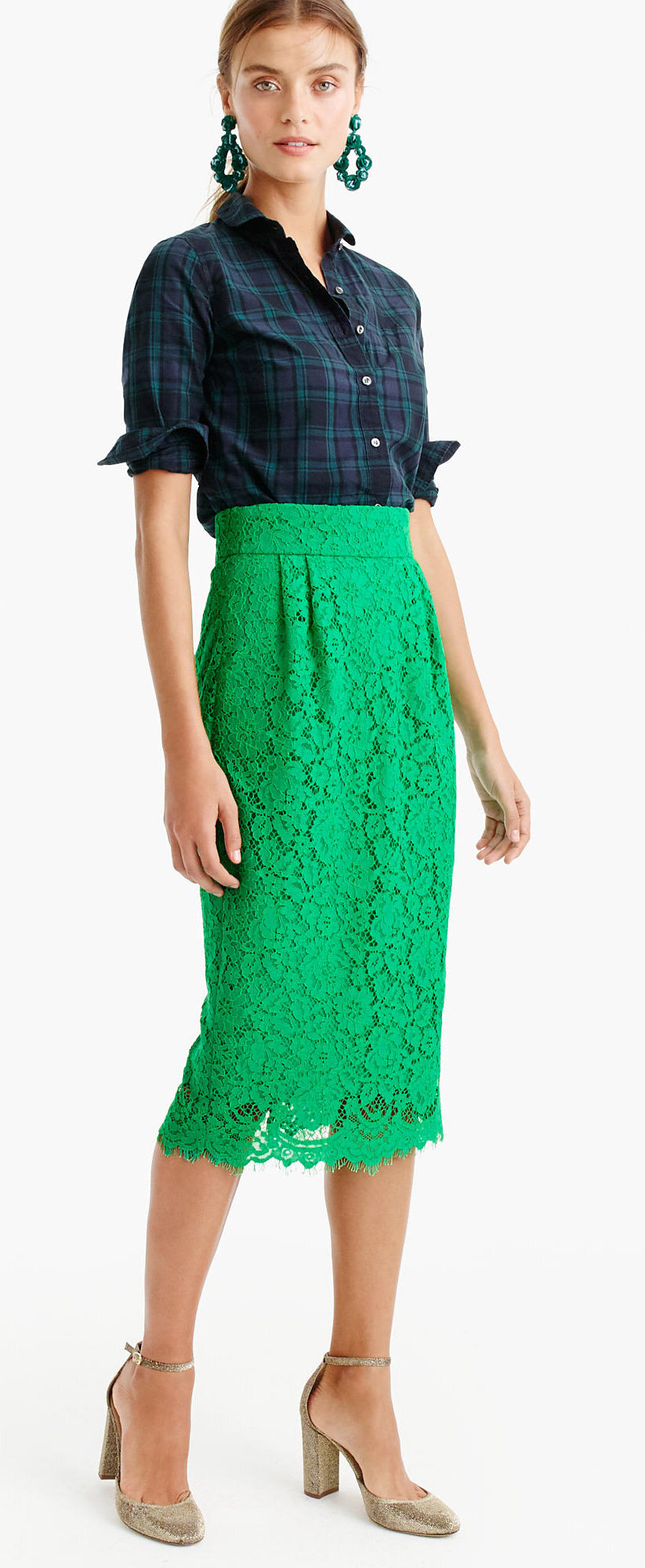 green-emerald-midi-skirt-lace-blue-navy-plaid-shirt-earrings-hairr-pony-tan-shoe-pumps-gold-fall-winter-holiday-dinner.jpg