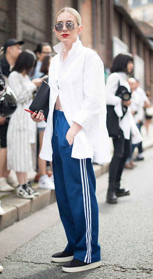 blue-navy-wideleg-pants-trackpants-white-collared-shirt-oversized-sun-blonde-bun-black-shoe-sneakers-spring-summer-lunch.jpg