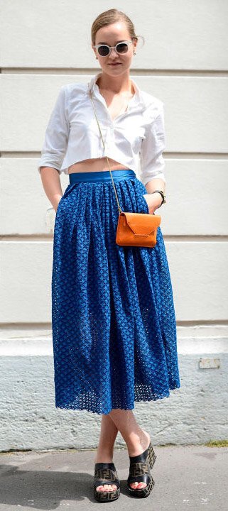 blue-med-midi-skirt-cobalt-white-crop-top-black-shoe-sandalw-blonde-bun-sun-spring-summer-lunch.jpg