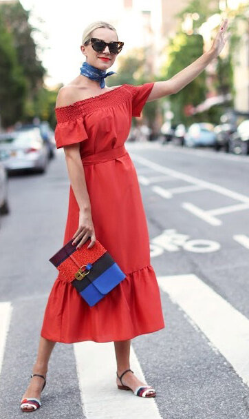red-dress-midi-peasant-offshoulder-blue-med-scarf-neck-blonde-sun-blue-bag-clutch-howtowear-valentinesday-outfit-fall-winter-dinner.jpg