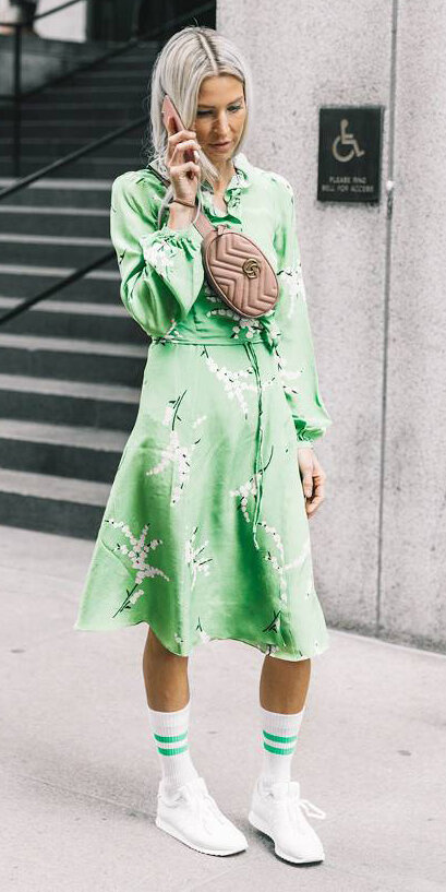 green-light-dress-floral-print-wrap-silk-blonde-socks-white-shoe-sneakers-spring-summer-lunch-tan-bag-fannypack.jpg