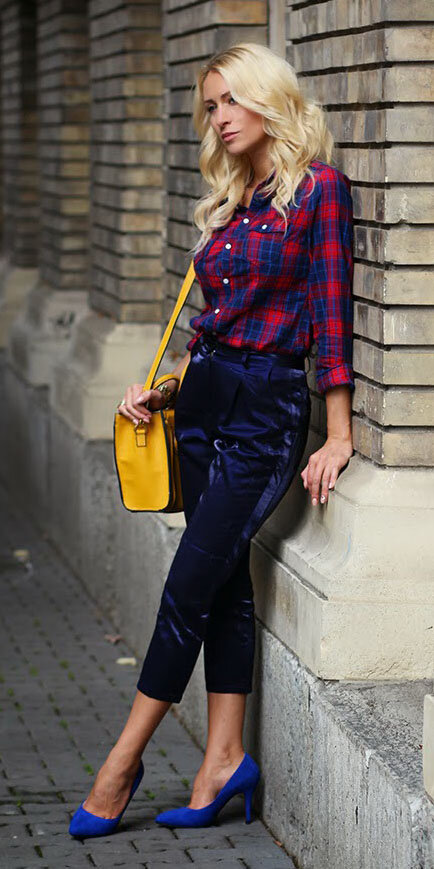 blue-navy-joggers-pants-yellow-bag-blue-shoe-pumps-cobalt-red-plaid-shirt-fall-winter-blonde-lunch.jpg