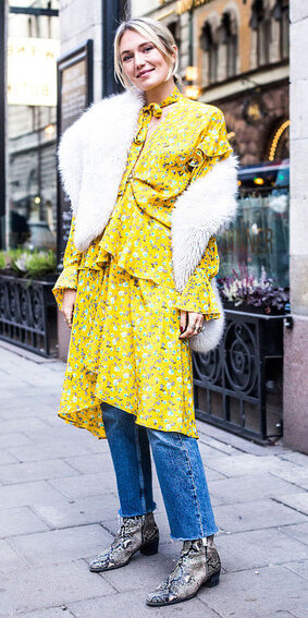 yellow-dress-peasant-print-layer-jeans-blonde-white-scarf-fur-stole-gray-shoe-booties-snakeskin-fall-winter-lunch.jpg