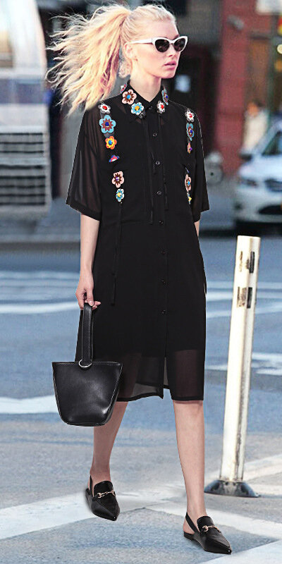 black-dress-shirt-sun-pony-black-shoe-loafers-mono-black-bag-blonde-spring-summer-work.jpg