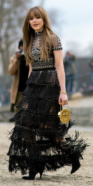 black-dress-maxi-tiered-sheer-black-shoe-booties-tan-bag-clutch-gold-fall-winter-blonde-dinner.jpg