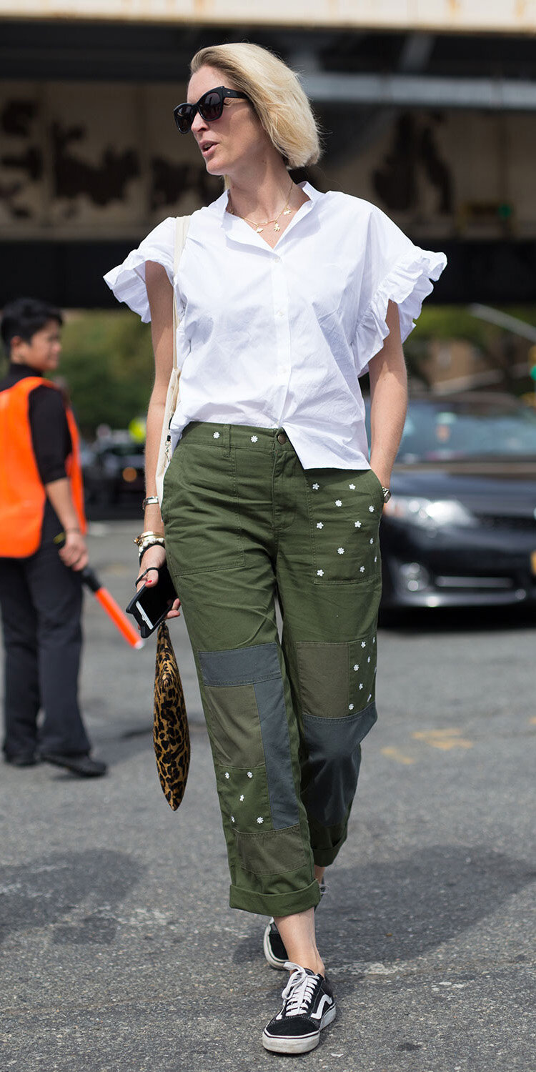 green-olive-chino-pants-black-shoe-sneakers-white-top-blouse-blonde-bob-sun-spring-summer-weekend.jpg