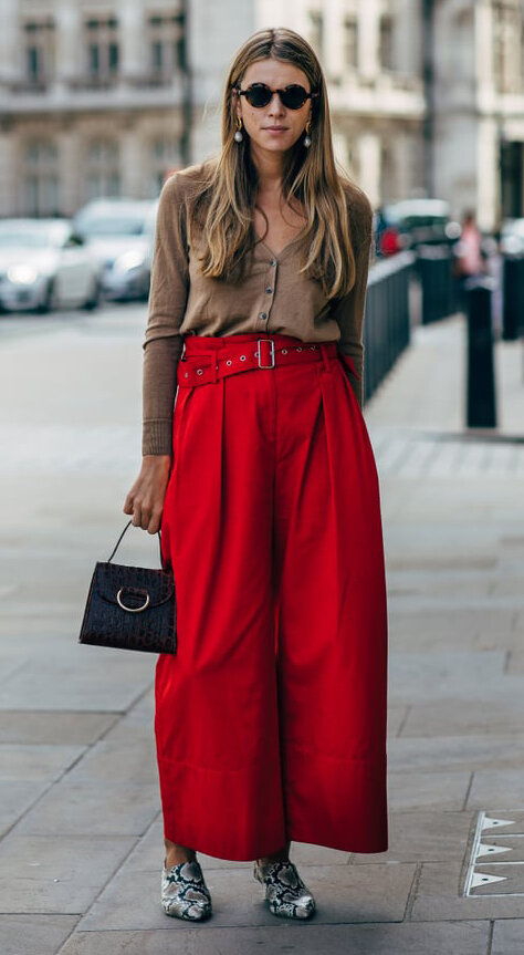 red-wideleg-pants-camel-cardigan-blonde-earrings-gray-shoe-booties-snakeskin-print-trend-spring-summer-lunch.jpg