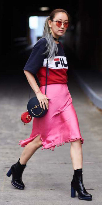 pink-magenta-midi-skirt-satin-black-bag-sun-pony-black-shoe-booties-red-graphic-tee-spring-summer-lunch.jpg