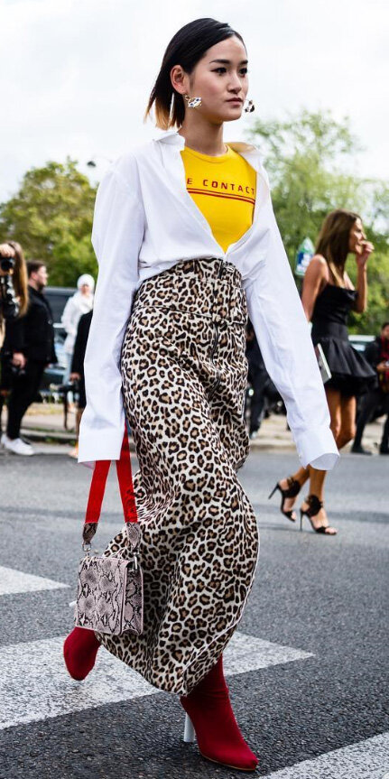 tan-maxi-skirt-leopard-print-white-collared-shirt-earrings-red-shoe-booties-yellow-graphic-tee-spring-summer-brun-lunch.jpg