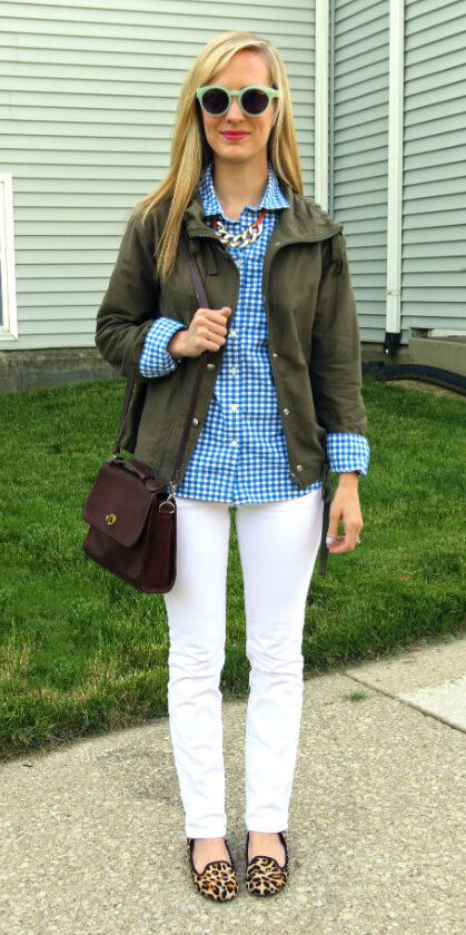 white-skinny-jeans-tan-shoe-loafers-leopard-print-blue-med-collared-shirt-gingham-green-olive-jacket-utility-brown-bag-chain-necklace-sun-blonde-spring-summer-weekend.jpg