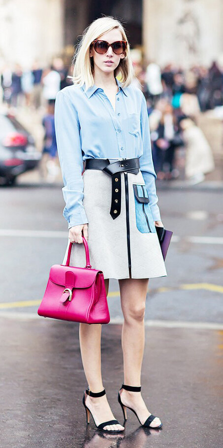 white-mini-skirt-blue-light-collared-shirt-sun-blonde-belt-pink-bag-black-shoe-sandalh-spring-summer-lunch.jpg
