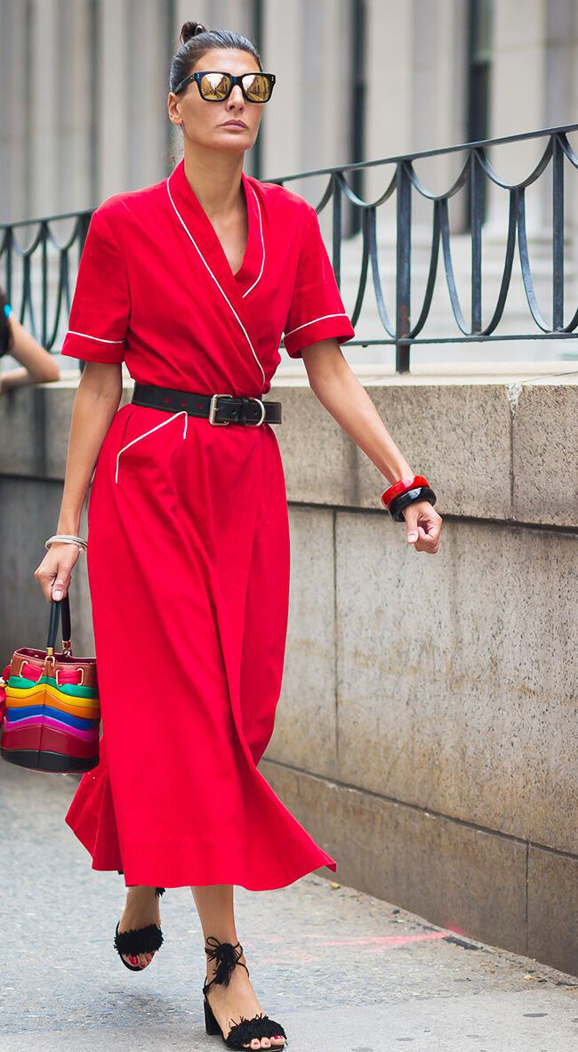 red-dress-midi-wrap-belt-sun-hairr-bun-bracelet-red-bag-rainbow-black-shoe-sandalh-spring-summer-work.jpg