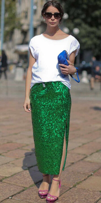 green-emerald-midi-skirt-sequin-pink-shoe-sandalh-white-top-blouse-blue-bag-sun-hairr-spring-summer-dinner.jpg