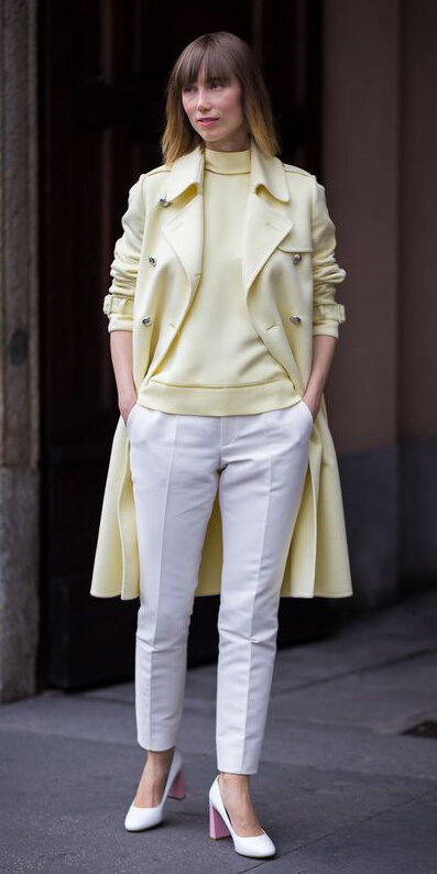 white-slim-pants-white-shoe-pumps-yellow-sweater-turtleneck-hairr-yellow-jacket-coat-trench-spring-summer-lunch.jpg