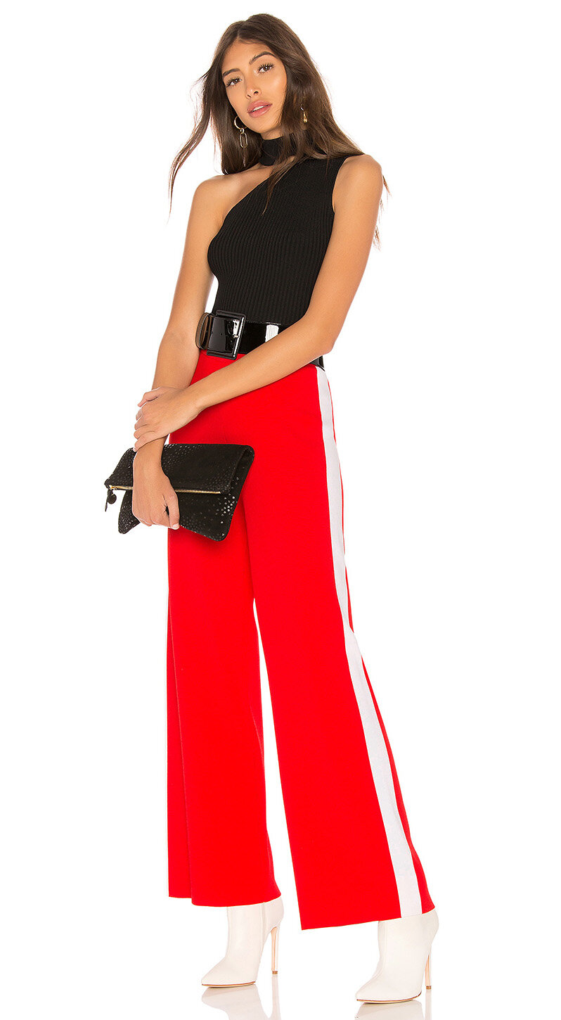 red-wideleg-pants-black-top-oneshoulder-belt-white-shoe-booties-black-bag-clutch-hairr-fall-winter-dinner.jpg