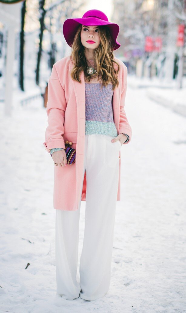 white-wideleg-pants-purple-light-sweater-pink-light-jacket-coat-hairr-hat-bib-necklace-pastel-snow-fall-winter-lunch.jpg