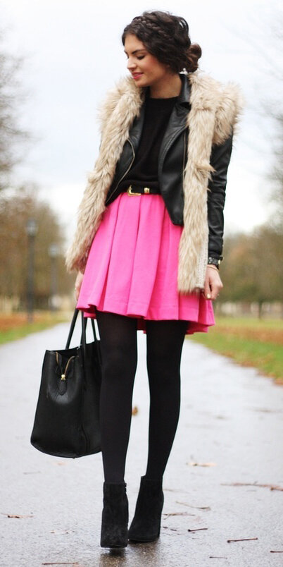 pink-magenta-mini-skirt-black-jacket-moto-layer-braid-black-bag-tote-black-tights-black-shoe-booties-white-vest-fur-fuzz-fall-winter-brun-dinner.jpg