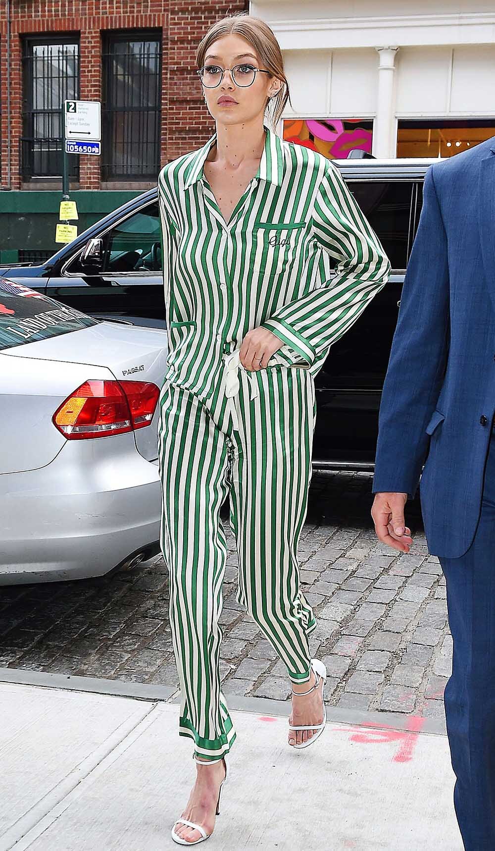 green-emerald-wideleg-pants-vertical-stripe-pjs-pajamas-white-shoe-sandalh-blonde-gigihadid-spring-summer-lunch.jpg