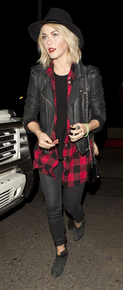 black-skinny-jeans-black-tee-red-plaid-shirt-black-jacket-moto-hat-black-bag-black-shoe-booties-juliannehough-blonde-fall-winter-dinner.jpg