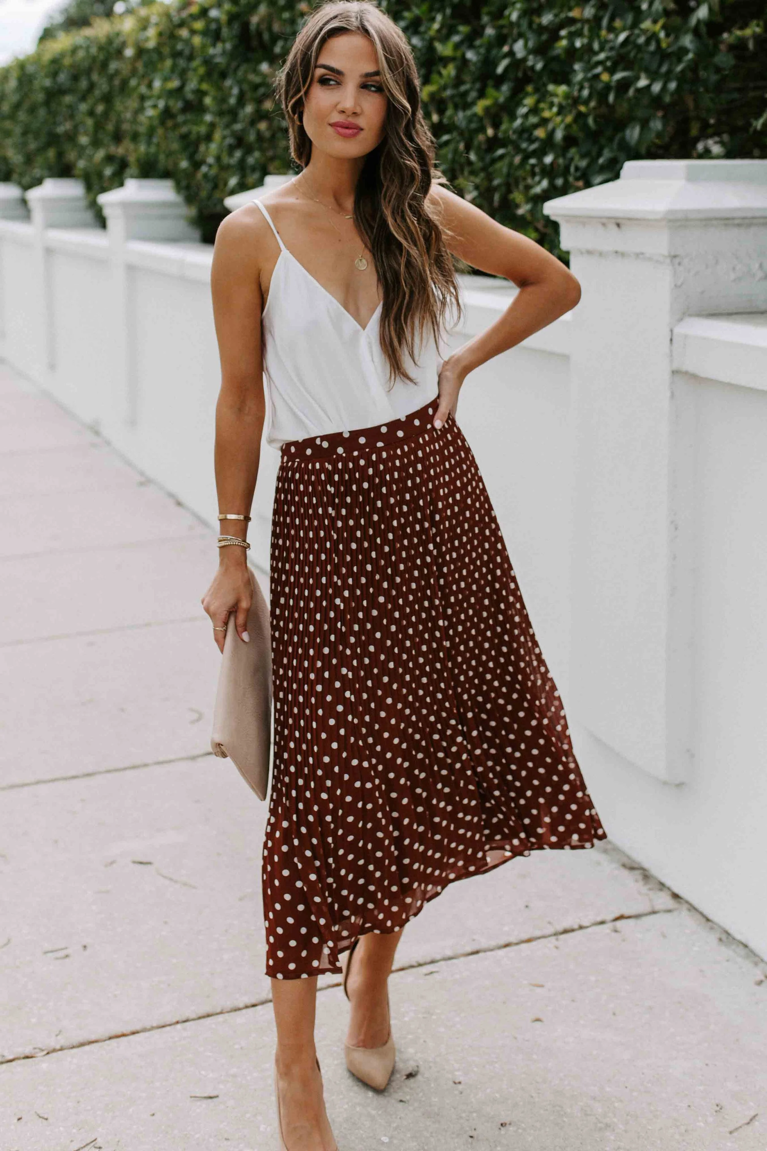 camel polka dot dress