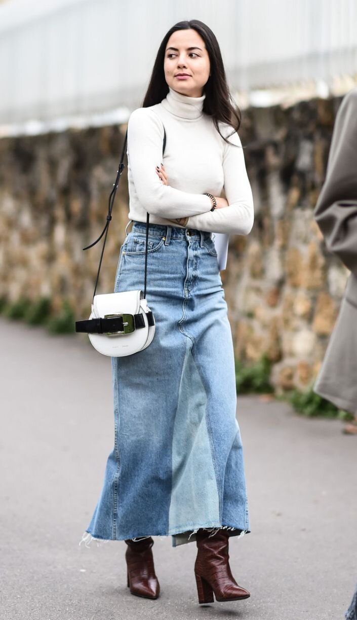 How To Dress Up A Denim Maxi Skirt With Boots - FORD LA FEMME