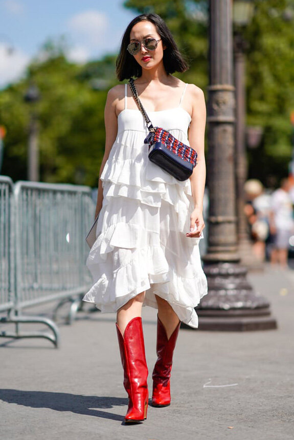 white dress red boots