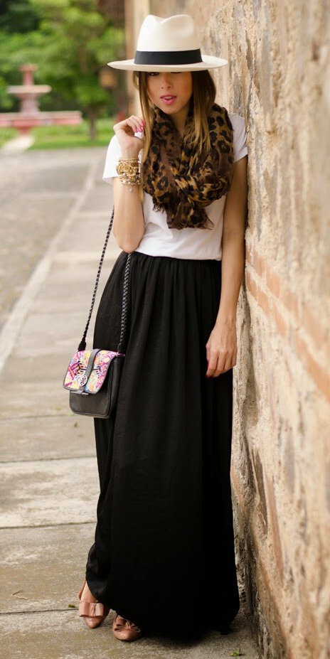 white-tee-brown-scarf-leopard-print-hat-panama-hairr-black-maxi-skirt-spring-summer-weekend.jpg