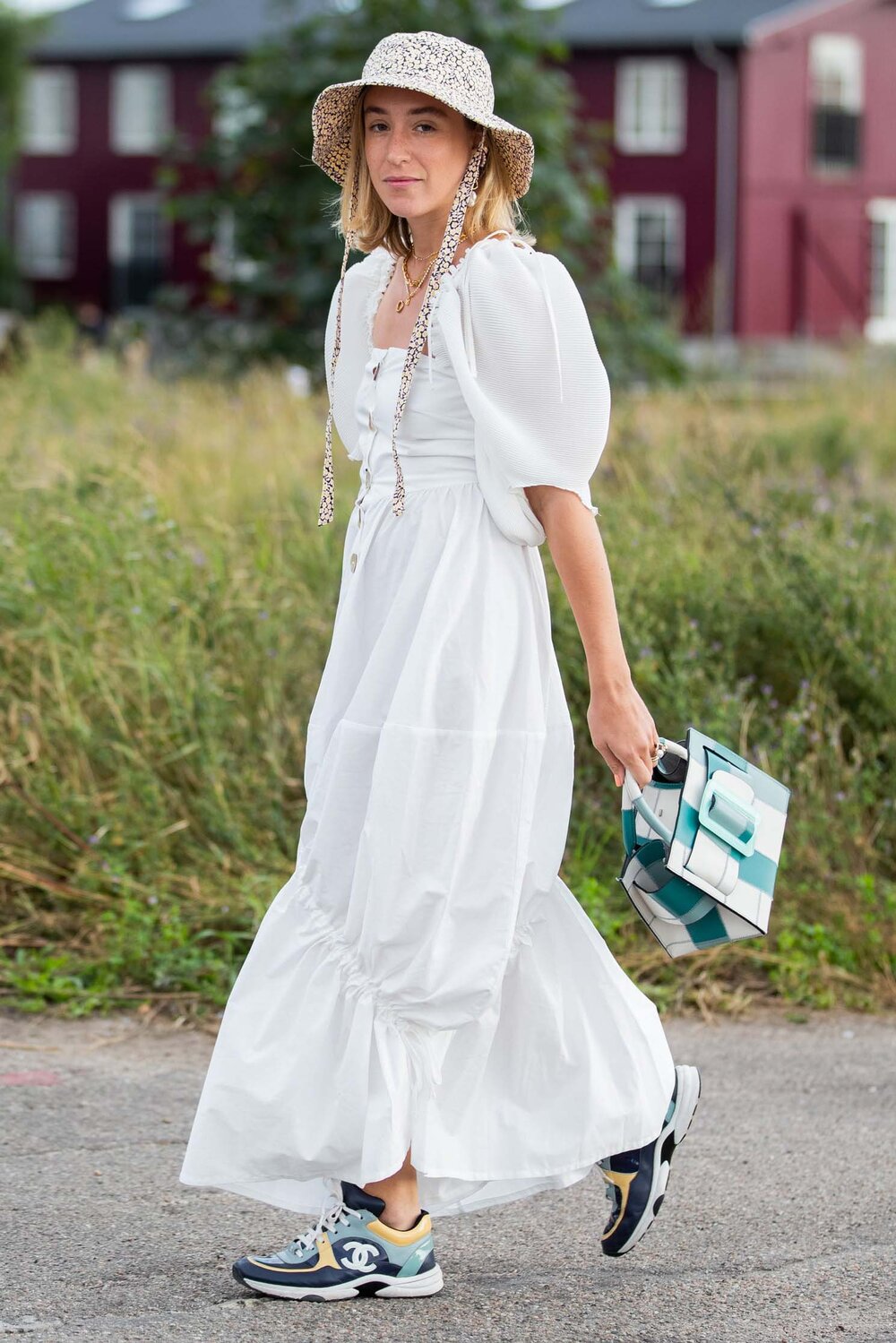 white-dress-maxi-peasant-white-bucket-hat-blonde-lob-green-bag-plaid-necklace-blue-shoe-sneakers-dad-spring-summer-lunch.jpg