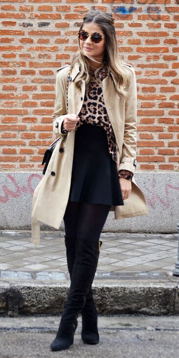 black-mini-skirt-tan-top-blouse-leopard-print-sun-hairr-black-tights-black-shoe-boots-tan-jacket-coat-trench-fall-winter-lunch.jpg