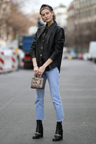 blue-light-skinny-jeans-black-collared-shirt-gray-bag-metallic-black-shoe-booties-blonde-headband-fall-winter-dinner.jpg