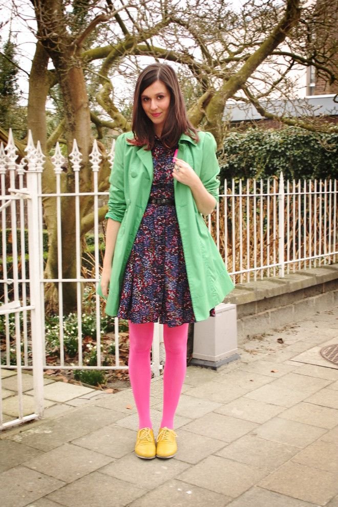 Hosiery trend inspiration: Bold colors  Pink tights, Colored tights outfit,  Stockings outfit