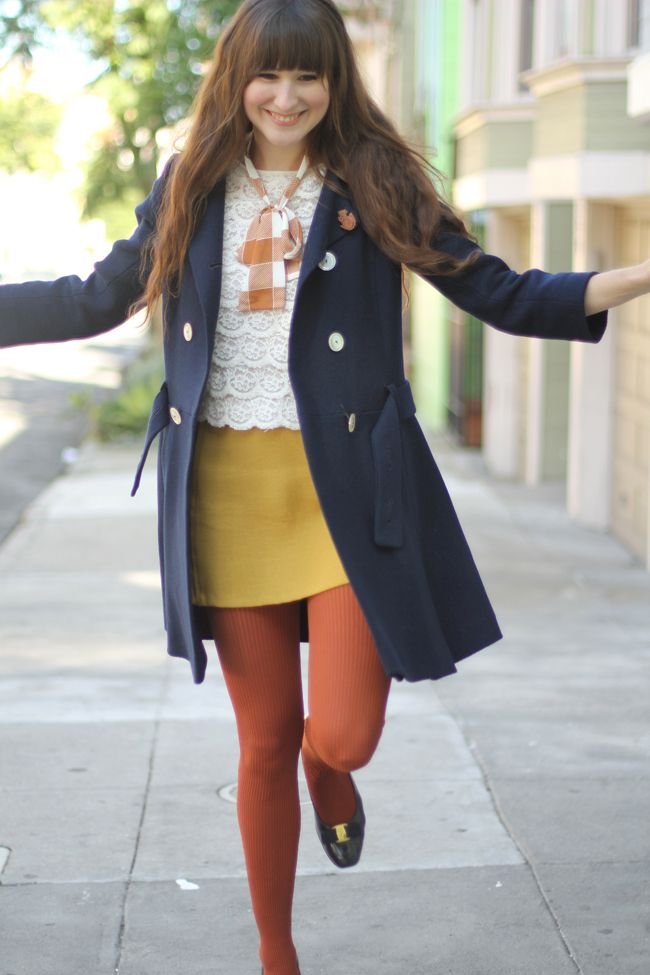 Orange Coat  Colored tights outfit, Fashion tights, Geek chic outfits