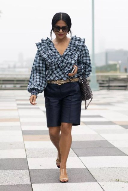 blue-navy-shorts-bermuda-blue-navy-top-plaid-print-gingham-belt-brun-bun-sun-clear-shoe-sandalh-spring-summer-office-outfits-work.jpg