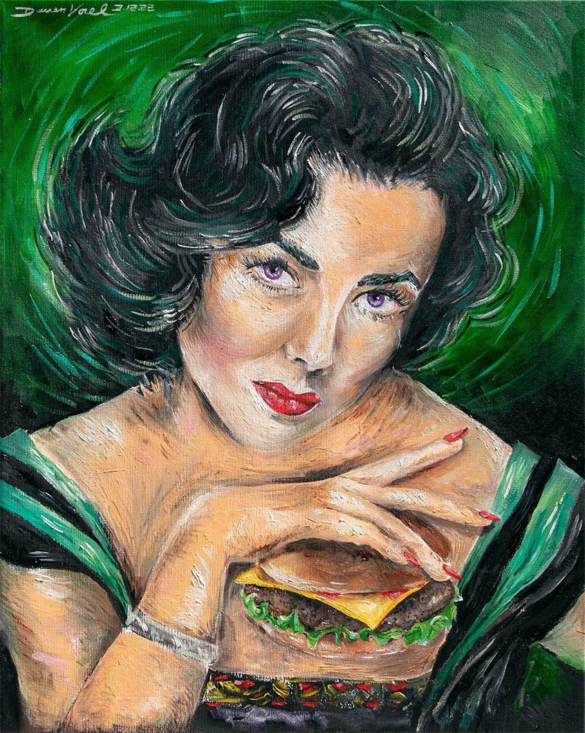 Liz Taylor Eats A Cheeseburger - 24x30 Oil Painting
